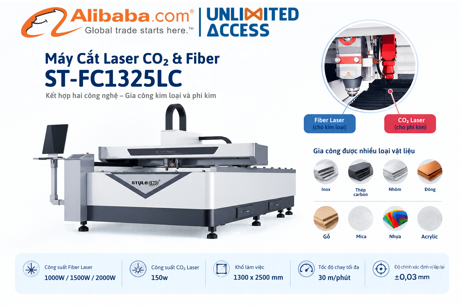 Máy cắt laser kết hợp Fiber và CO2 ST-FC1325LC khổ 1300x2500mm