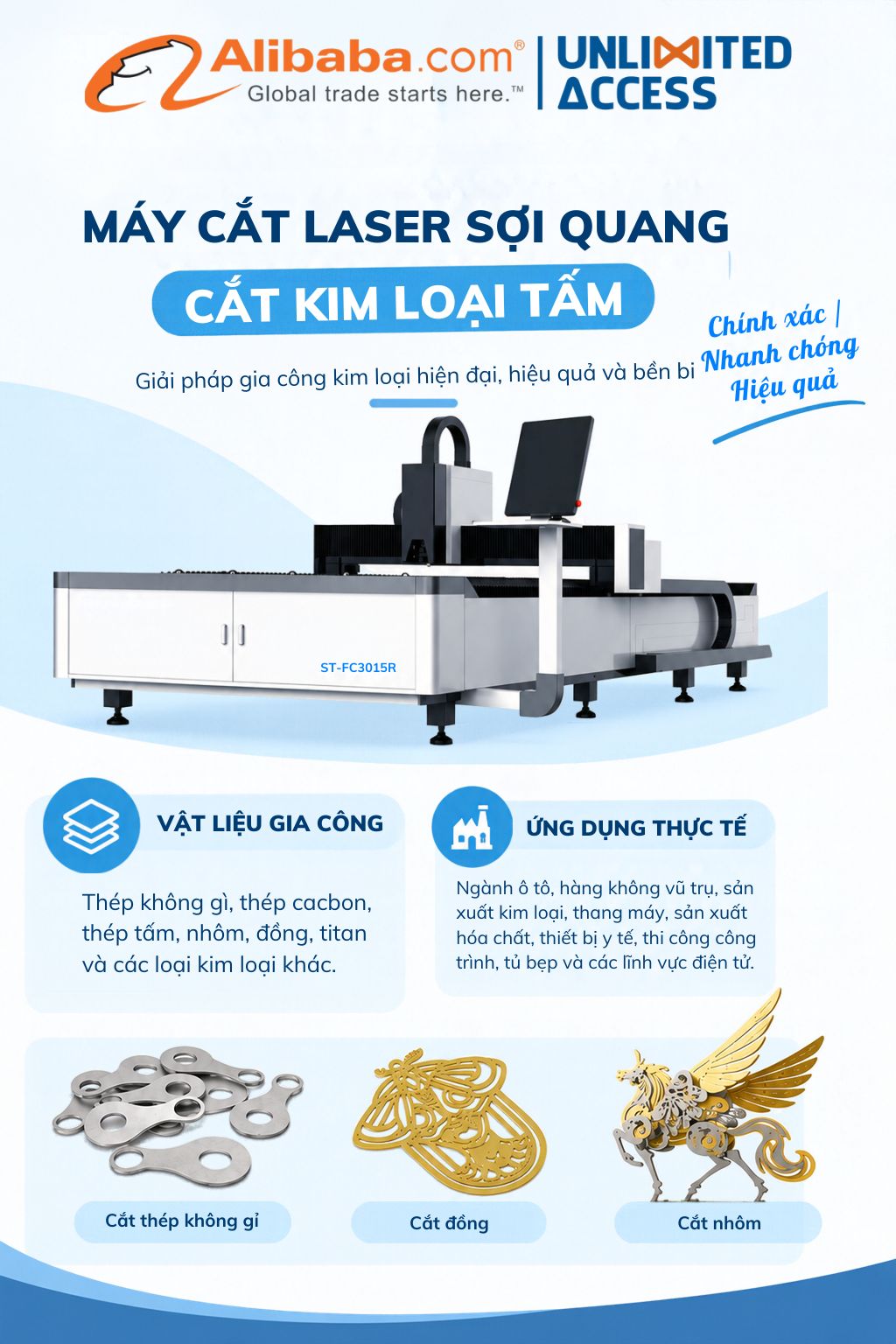 Khám phá Máy cắt laser ST-FC3015E chuyên gia công kim loại tấm. Cắt siêu tốc 40m/phút, độ chính xác cao. Nhận báo giá nhập khẩu tốt nhất ngay hôm nay!