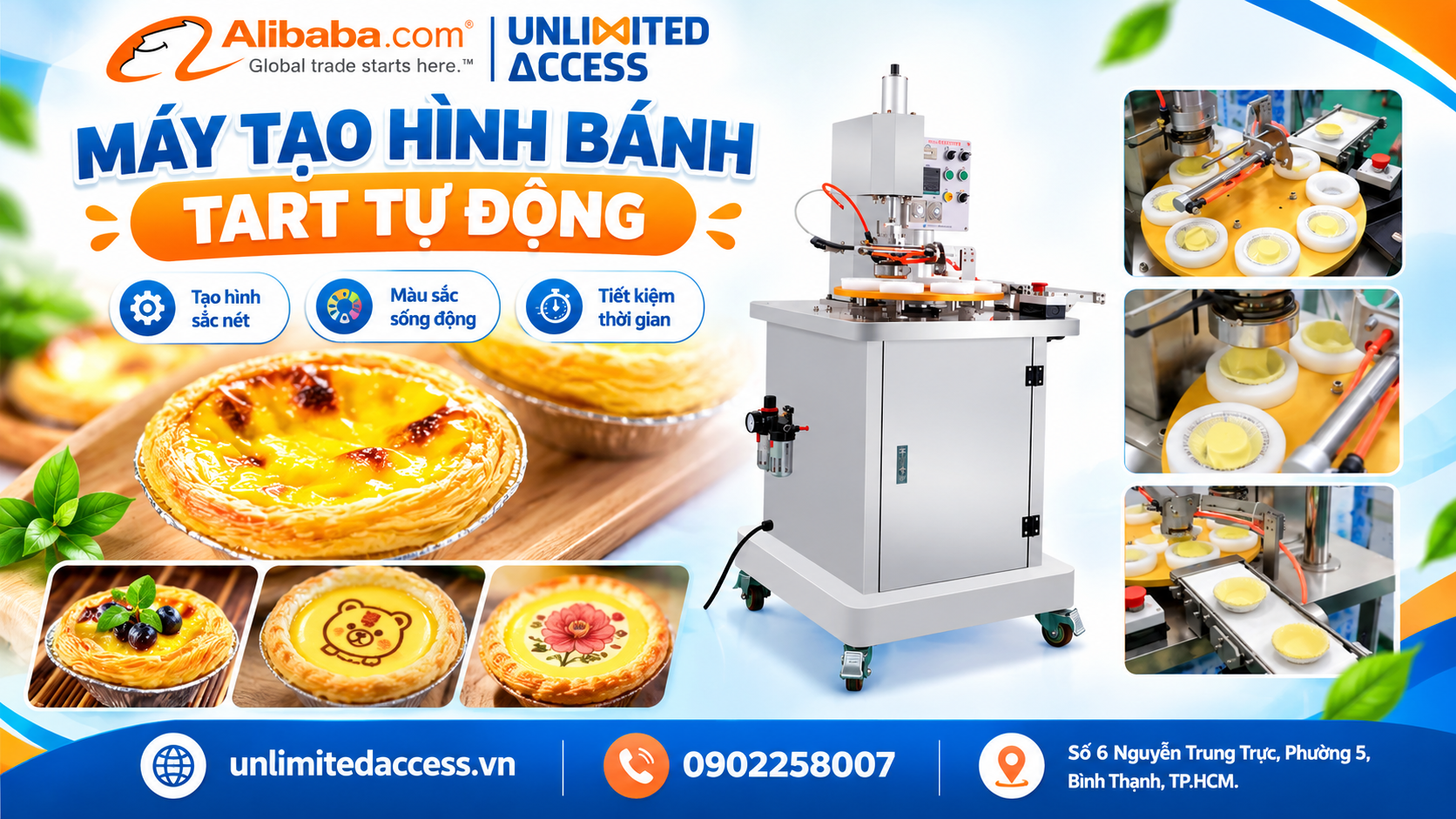 Máy tạo hình bánh tart tự động hỗ trợ định hình vỏ bánh, giảm thao tác thủ công, phù hợp cho cơ sở sản xuất bánh tart và bánh trứng.