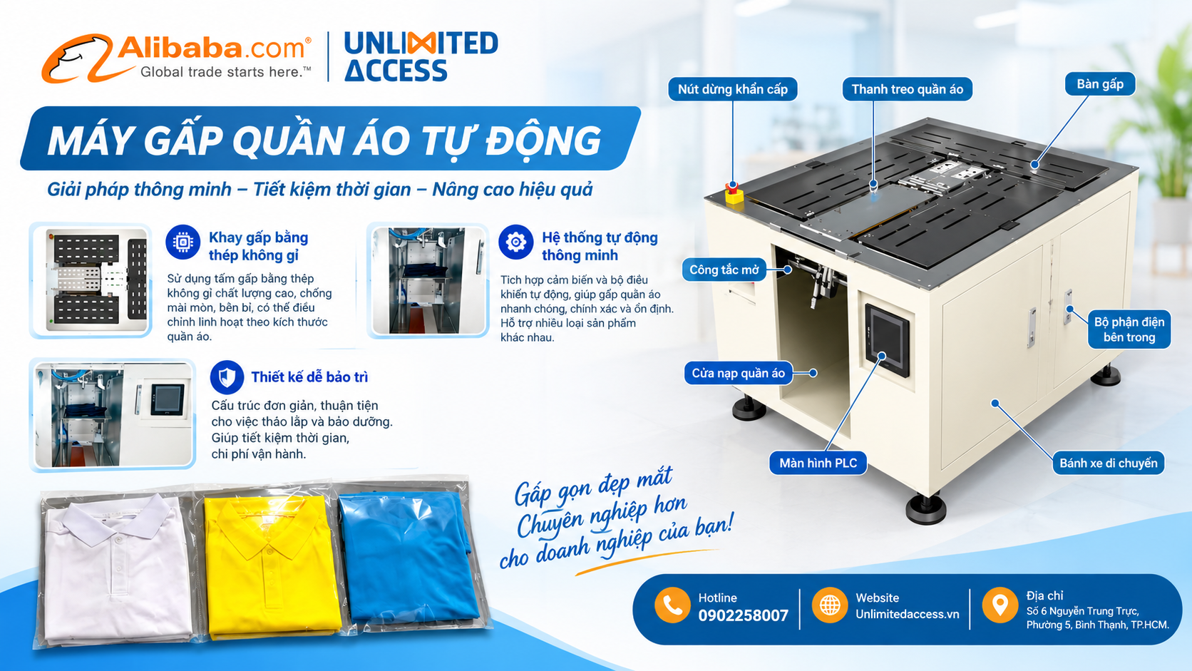 Máy gấp quần áo tự động điều khiển PLC, năng suất tối đa 400 sản phẩm mỗi giờ.