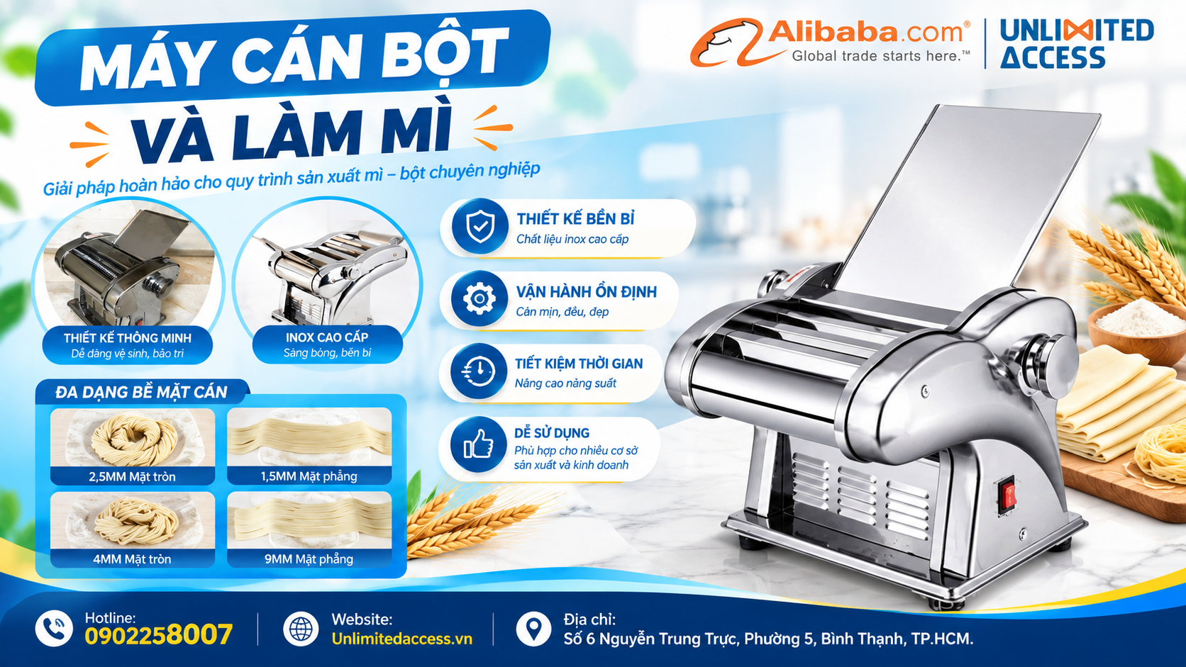 Máy cán bột làm mì 1–4 dao inox 430
